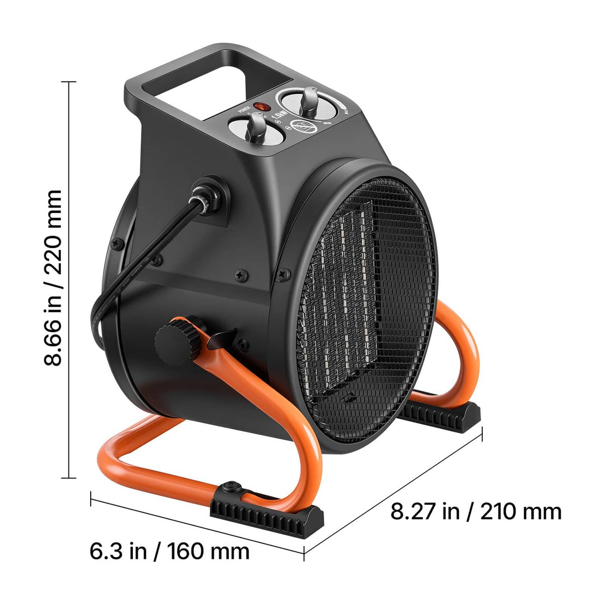Compact electric greenhouse heater in angled view with orange handles and front grille