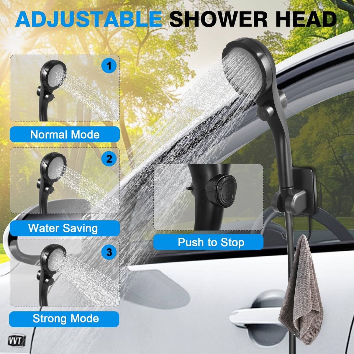 Adjustable shower head with black handle, multiple spray settings for camping shower hose