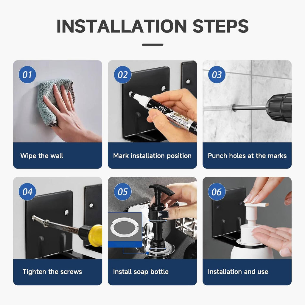 Soap dispenser wall mount holder installation with screws and a white pump bottle