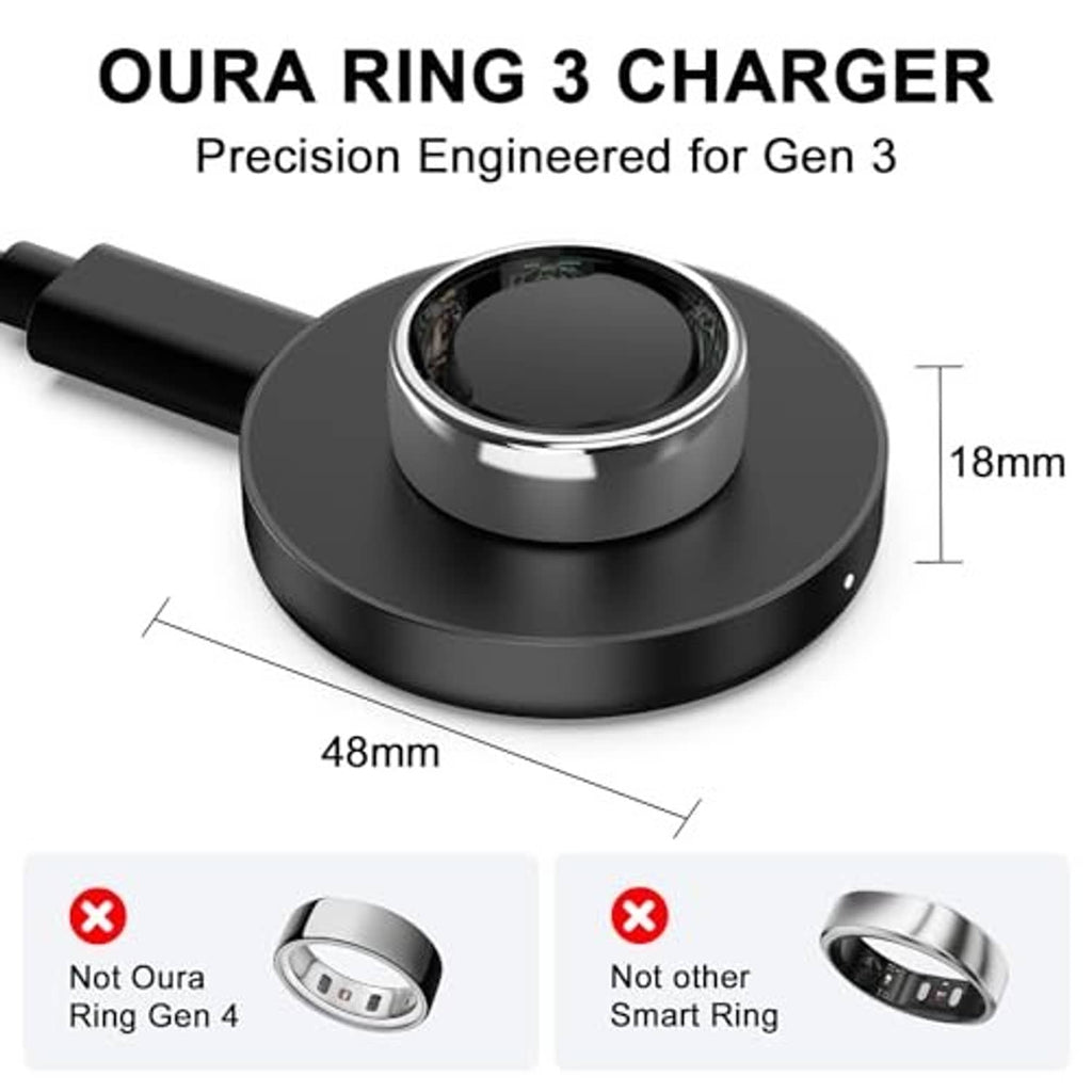 Black charging dock with silver ring cradle and attached charging cable