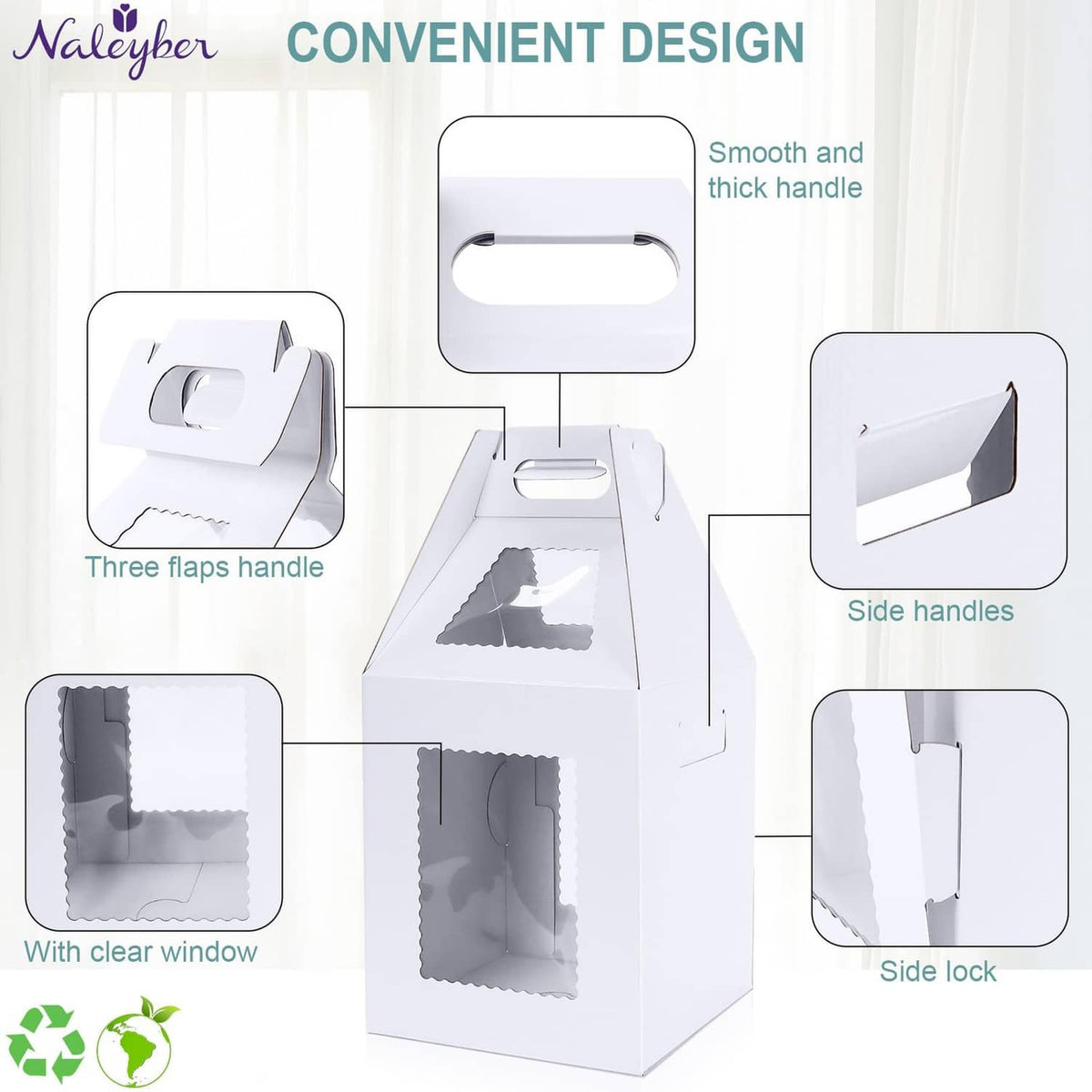 White cake box with top handle, side handles, clear window, and locking flaps