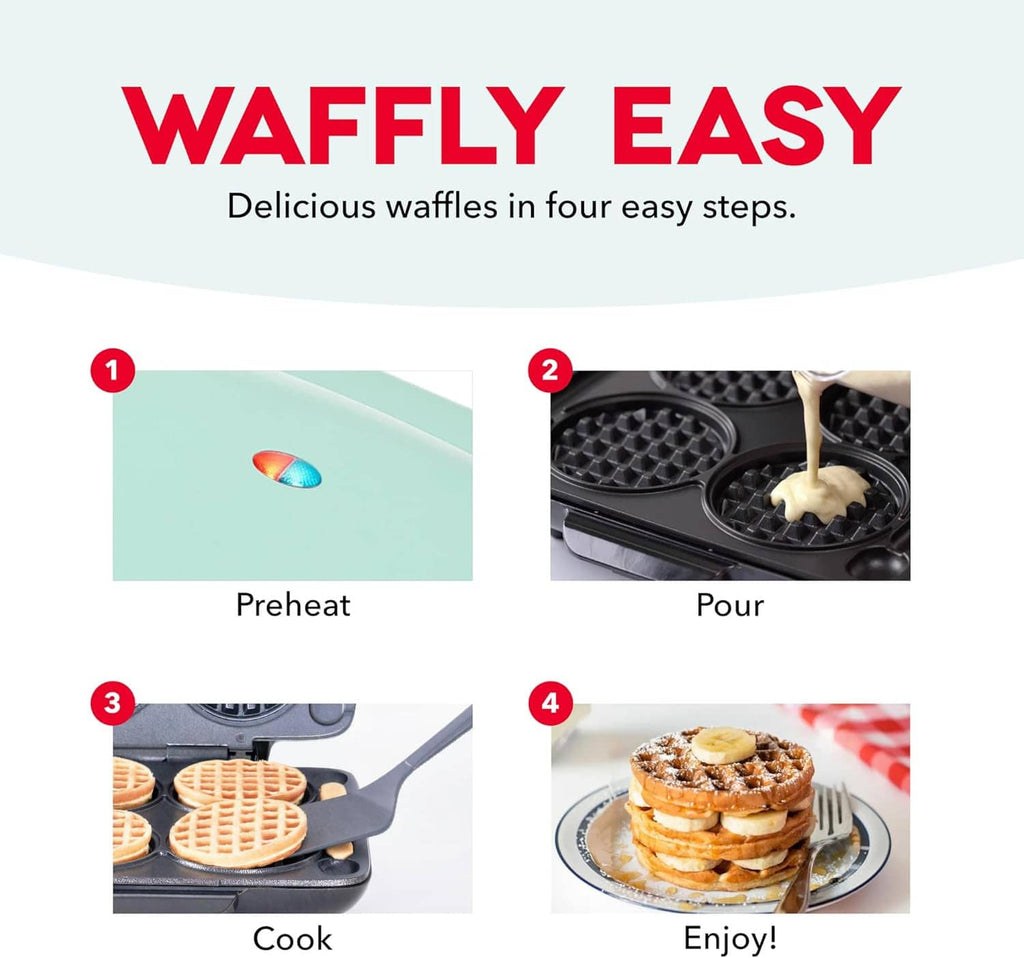 Mini waffle maker cooking steps infographic with open four-plate design
