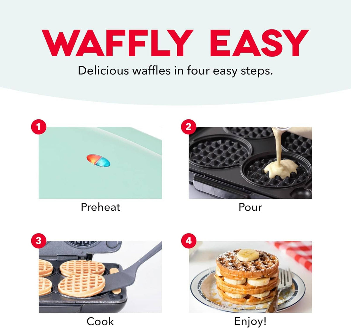Mini waffle maker cooking steps infographic with open four-plate design