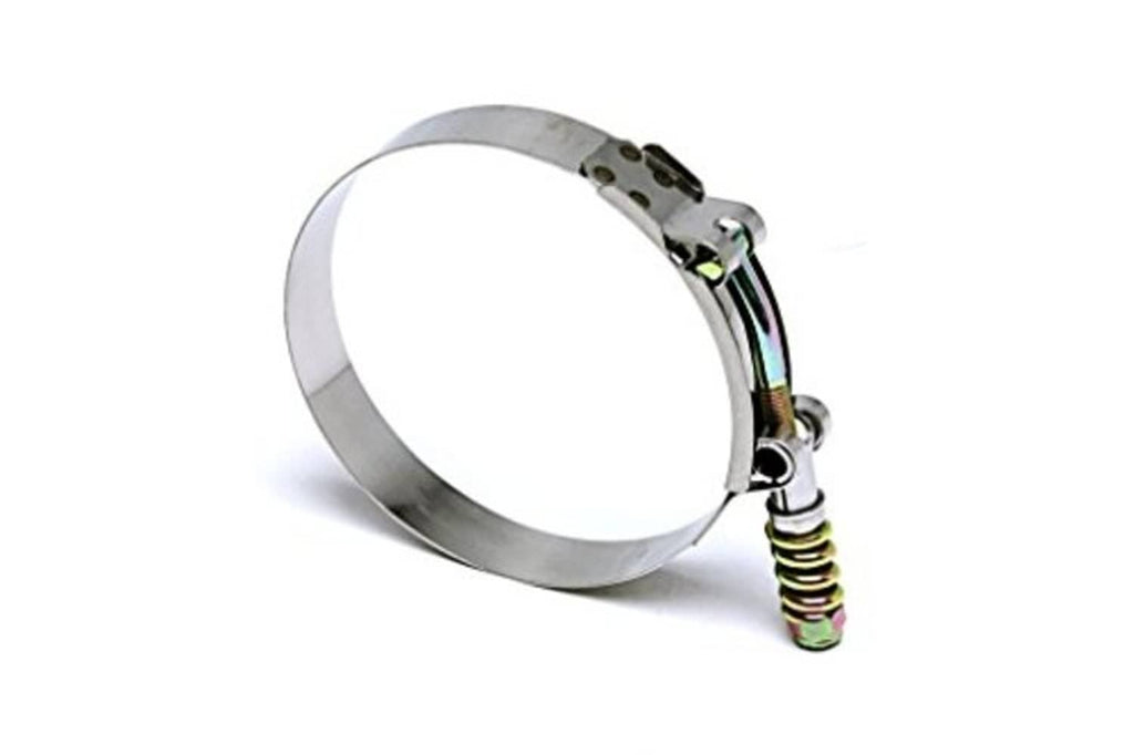 Stainless steel spring-loaded T-bolt clamp, adjustable band with coil spring