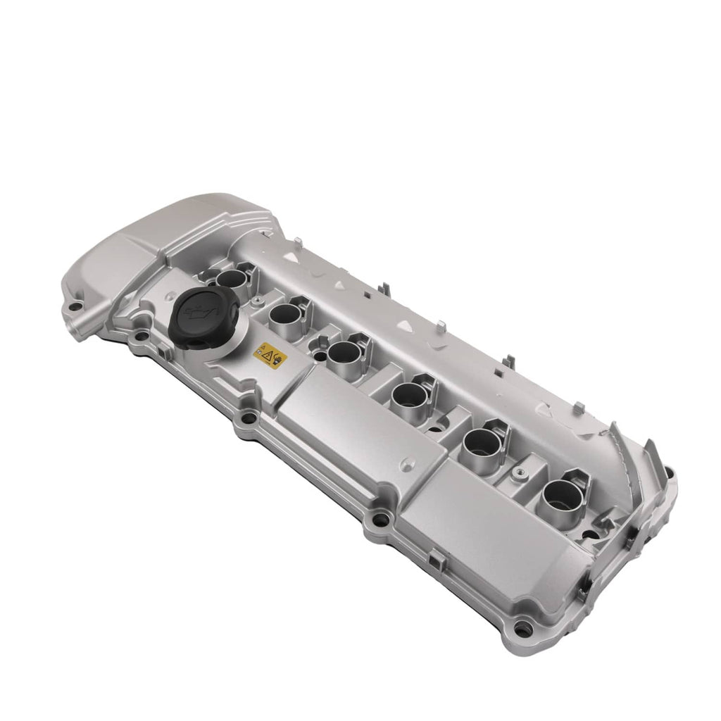 Aluminum engine valve cover with integrated ports and black oil filler cap, silver-gray
