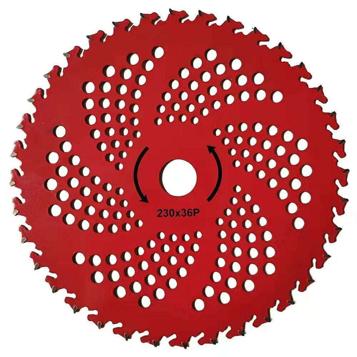 Carbide-tipped brush cutter blade, 36 teeth, 230x36P, red circular disc with holes