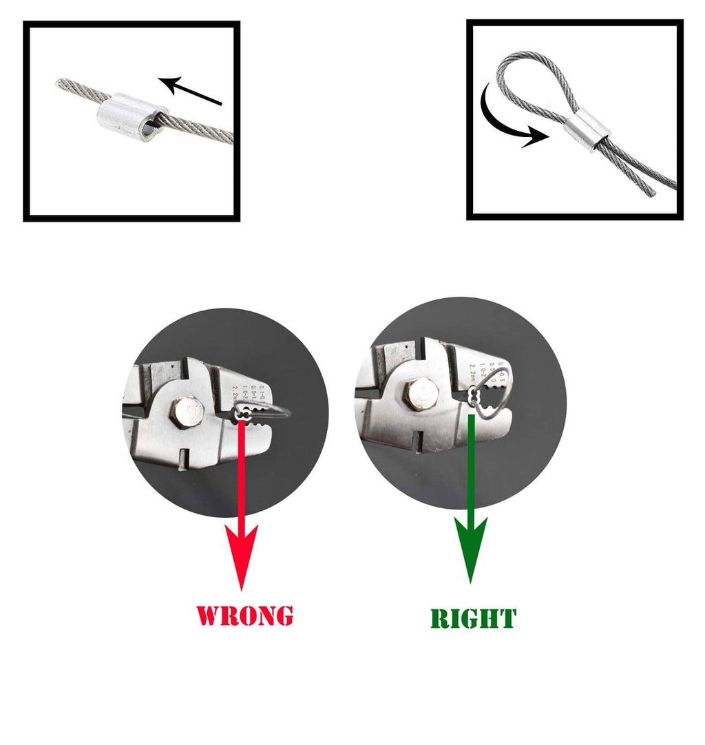 Picture hanging wire with end inserted guide and wrong/right arrow instructions