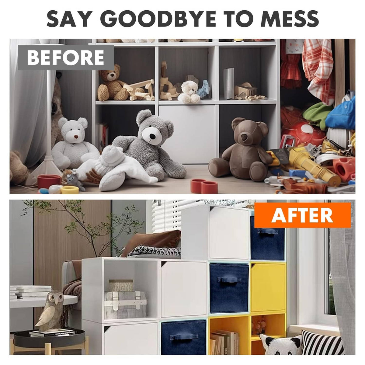Blue fabric storage bins on a cubby shelf for tidy organizing