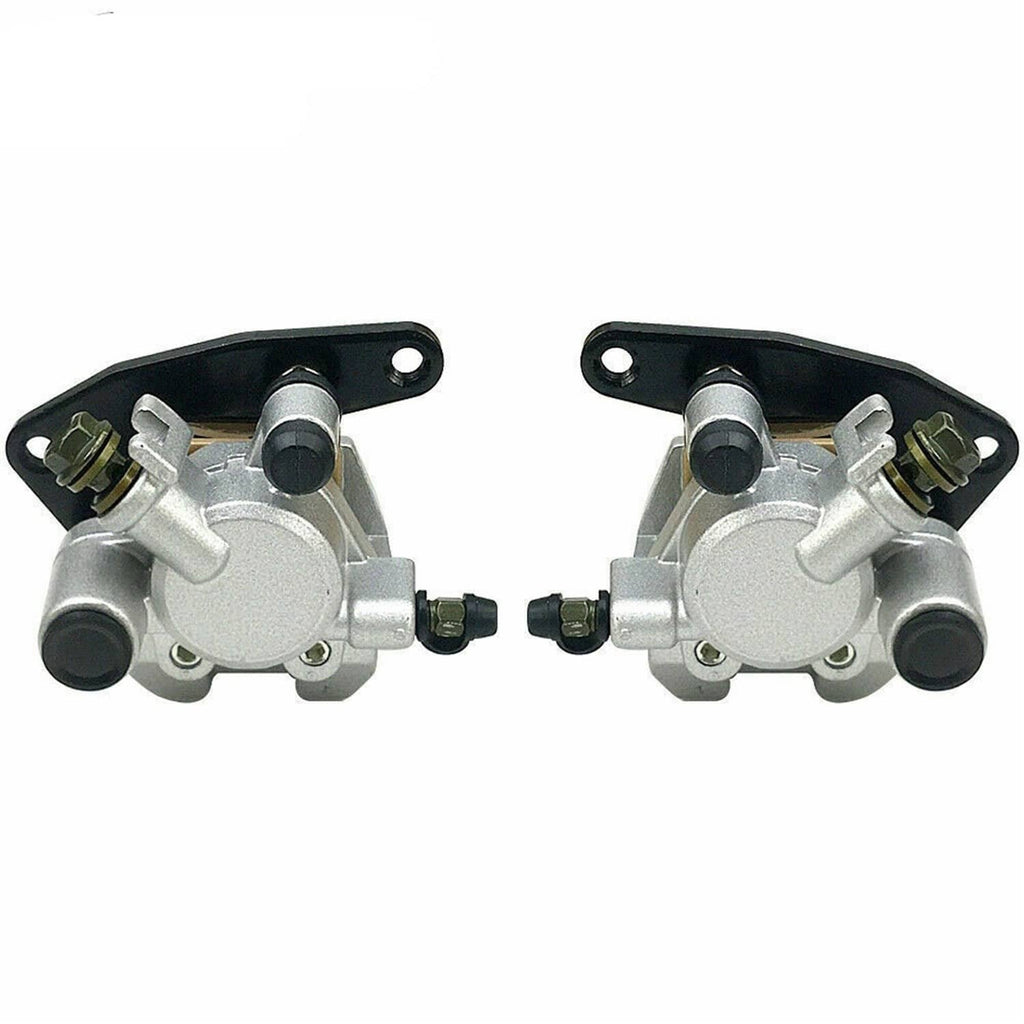 Front brake calipers pair from front view, silver metal with black mounting pins
