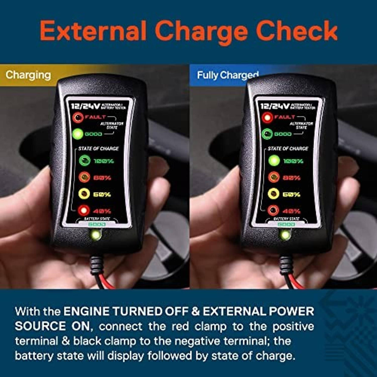 Handheld 12/24V battery and alternator tester with clamp leads showing charge LEDs