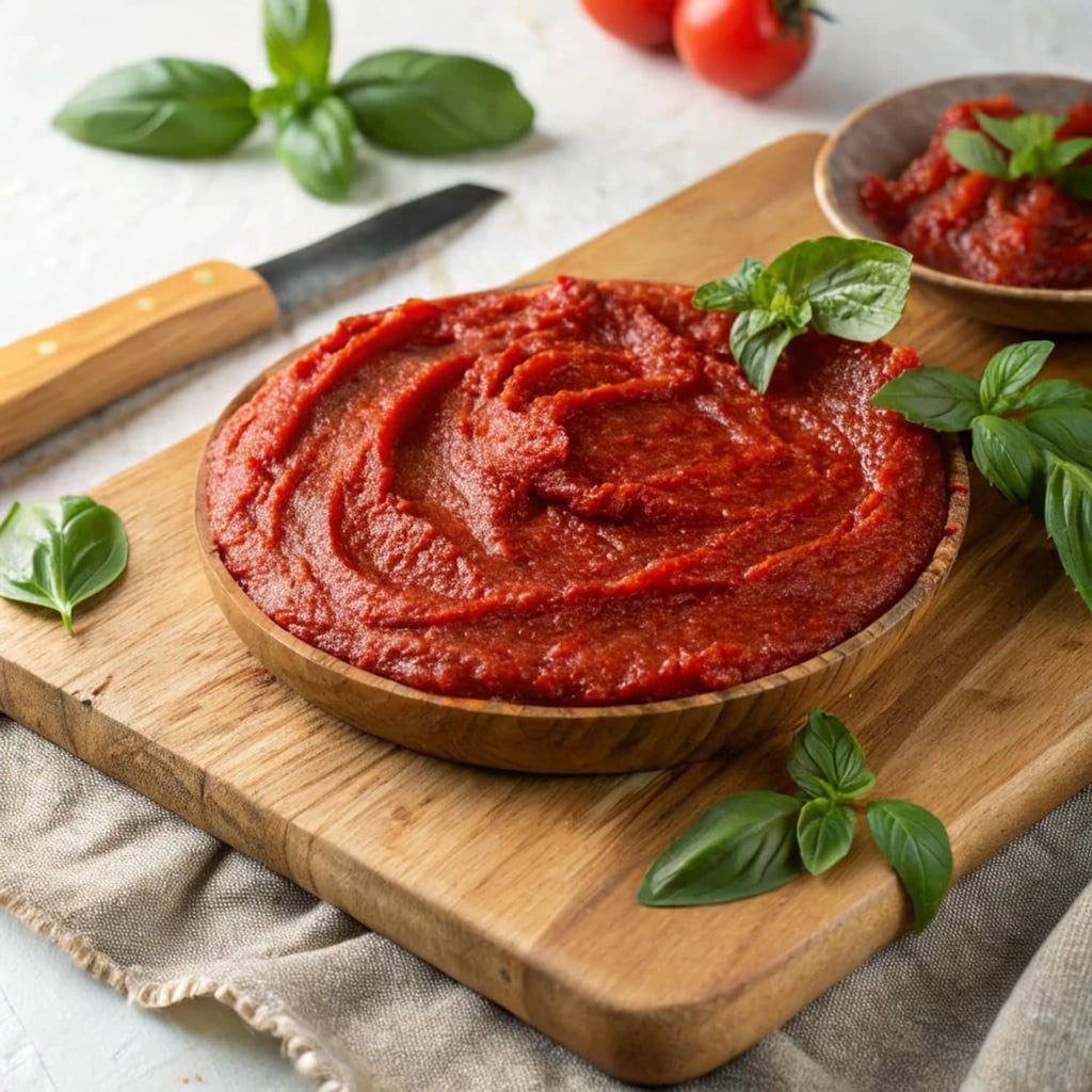 Thick red tomato paste on a wooden spoon, with fresh basil leaves nearby
