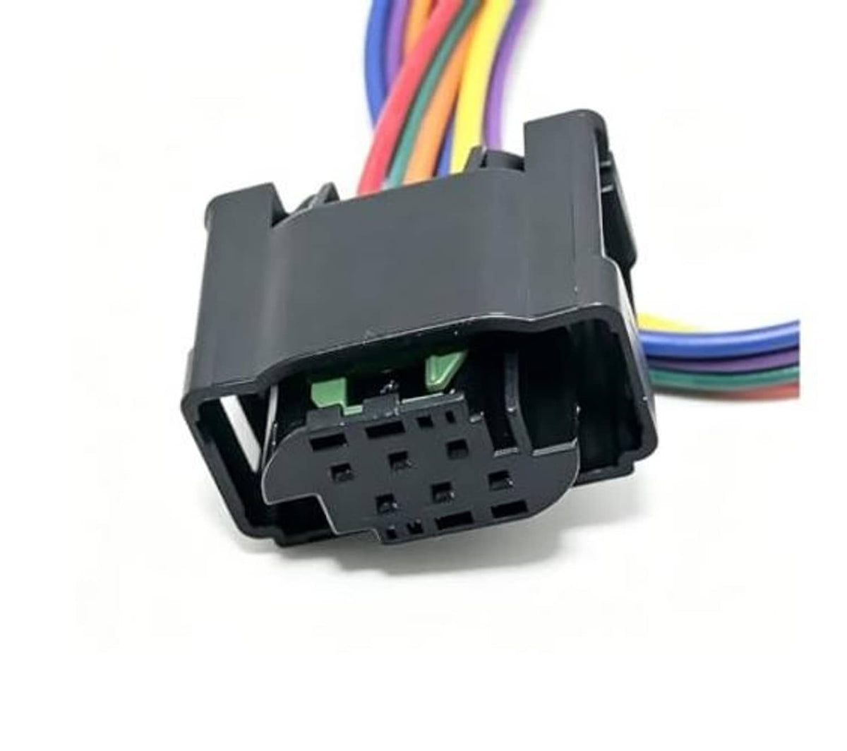 Electronic throttle body pigtail connector with visible pin socket and multi-color wires