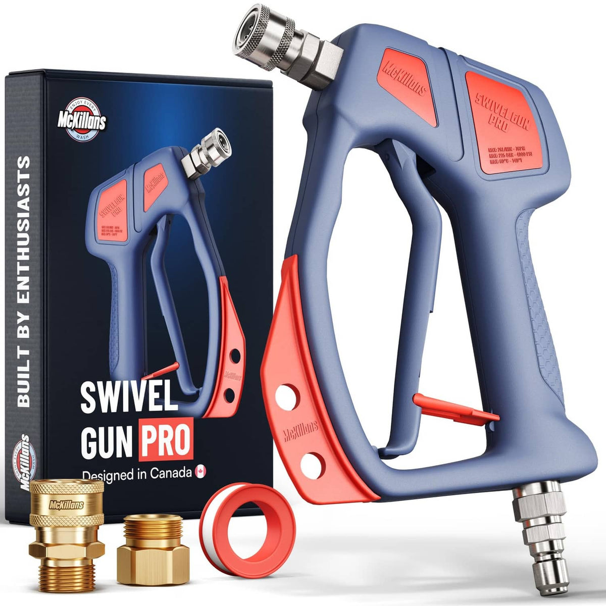 McKillans® swivel gun pro pressure washer gun in blue with red accents and metal couplers