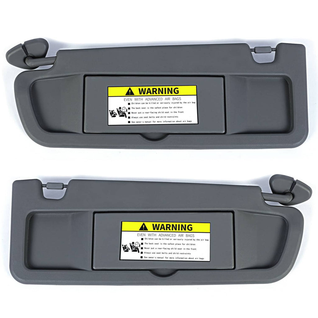 Dark gray car sun visor set with left and right panels and mounting clips