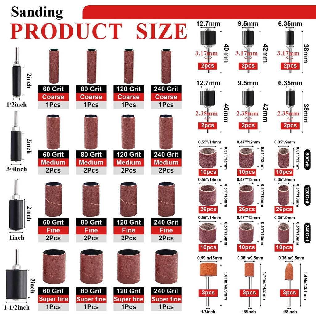 Sanding drum size chart with grits and inch/mm measurements for drums and sleeves