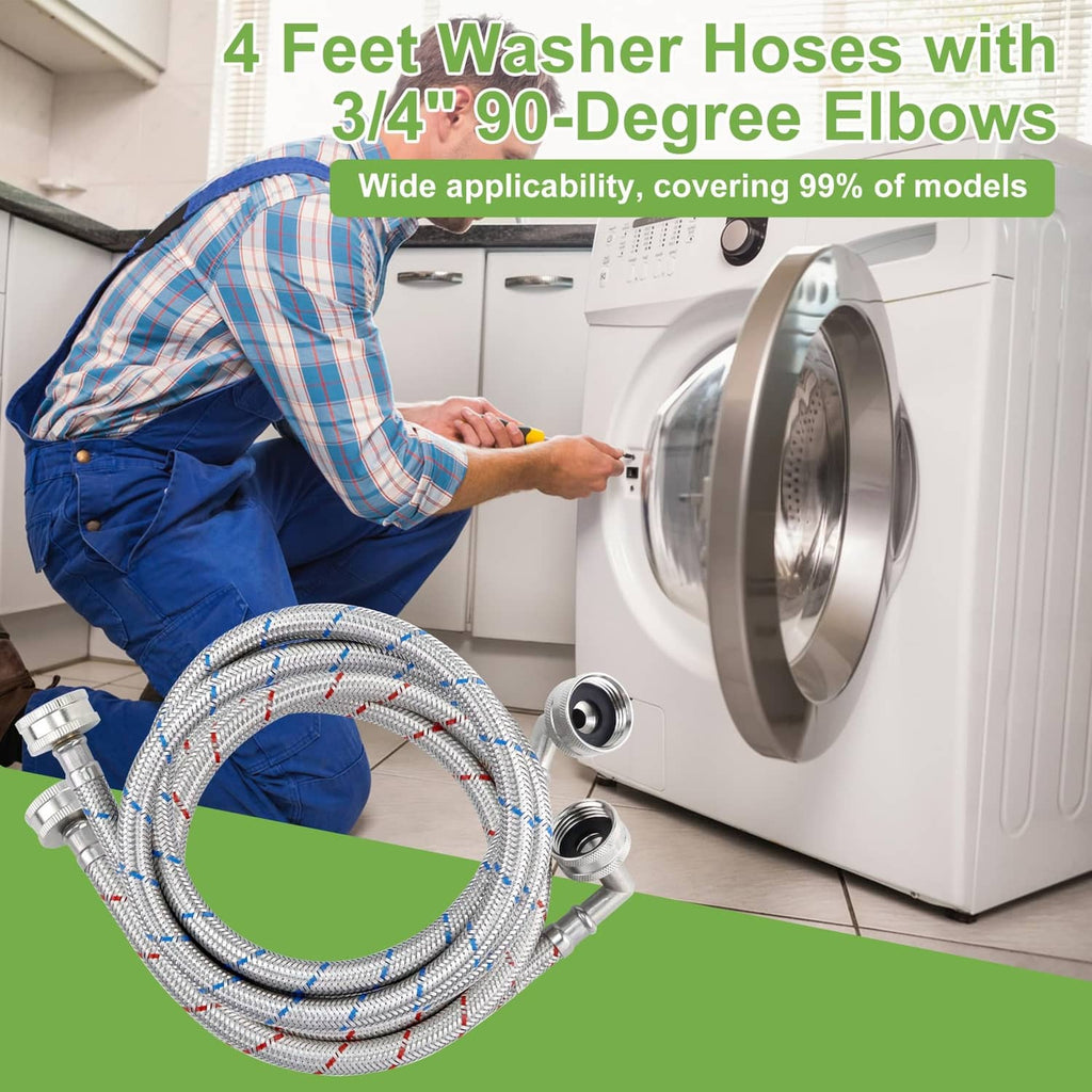 Braided 4-foot washer hoses with 90-degree elbows, silver connectors, and blue/red stripes