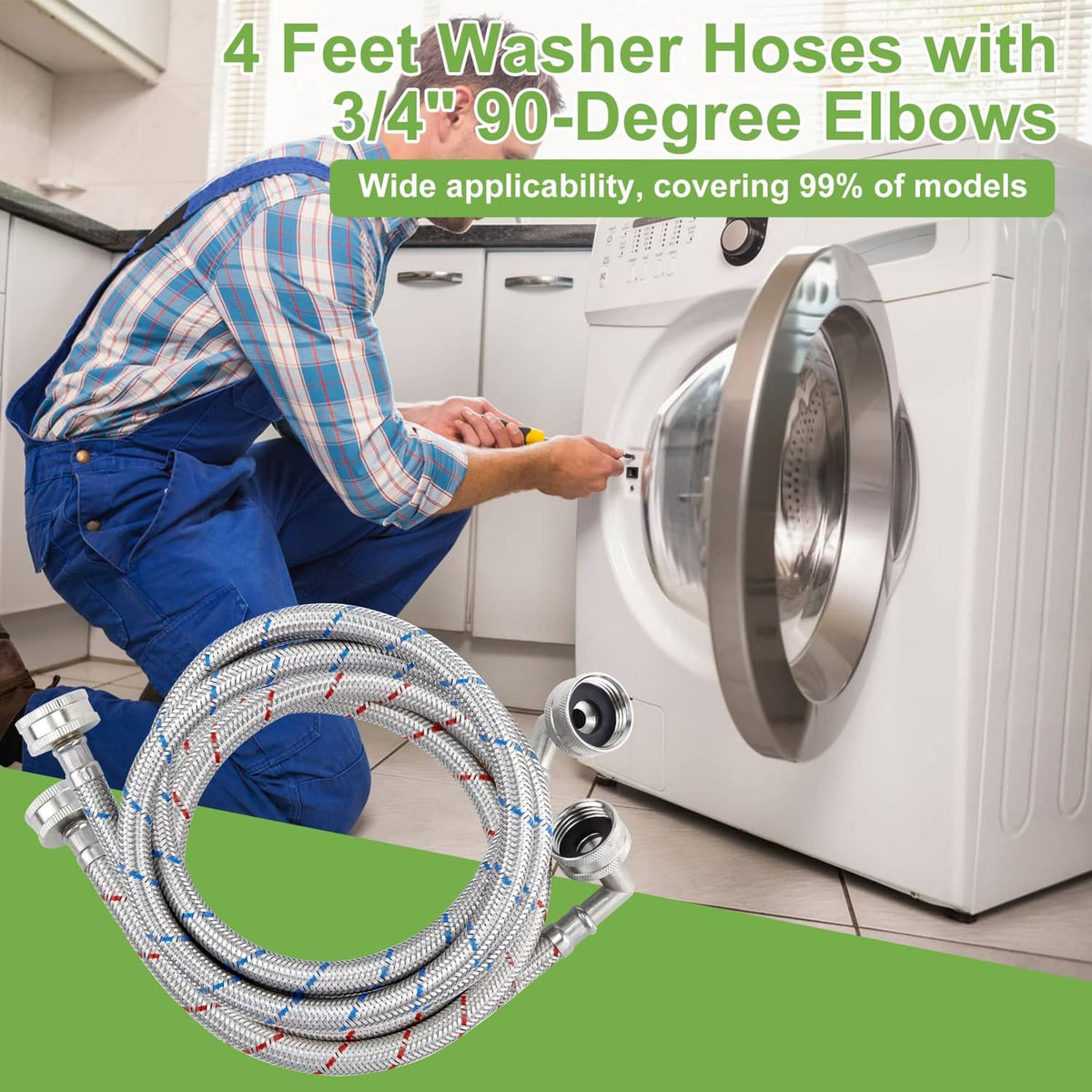 Braided 4-foot washer hoses with 90-degree elbows, silver connectors, and blue/red stripes