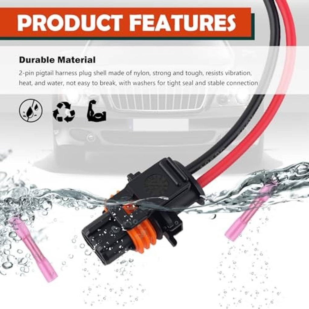 Alternator connector pigtail harness with black plug, red wire, orange grommet, pink terminals