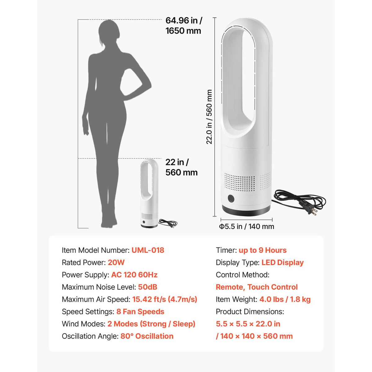 White bladeless tower fan size diagram with remote and power cord.