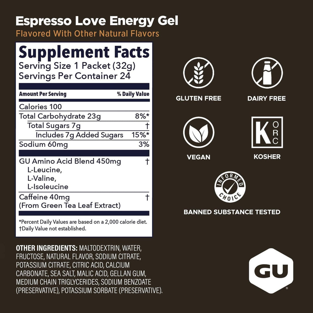 Espresso Love Energy Gel Supplement Facts panel with serving size and ingredients list
