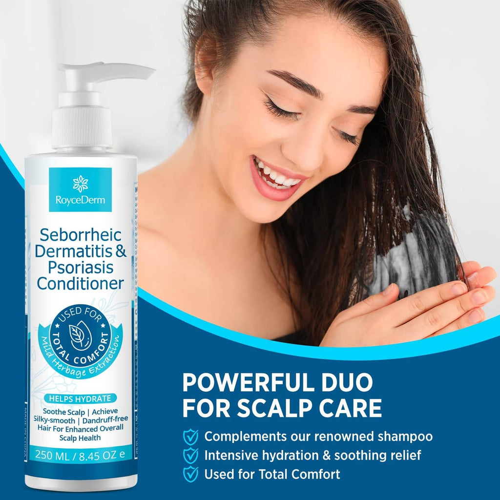 White pump conditioner bottle beside smiling woman with wet hair