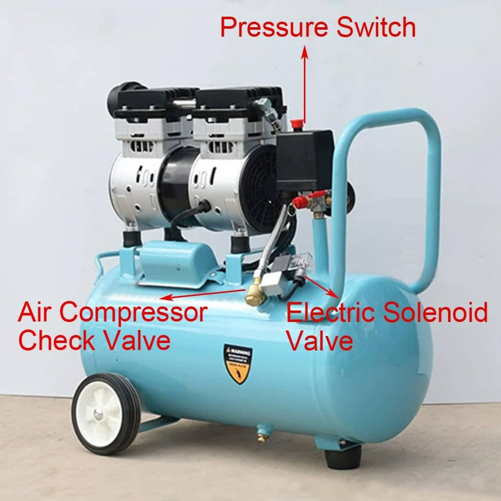 Air compressor assembly featuring a brass check valve on the tank