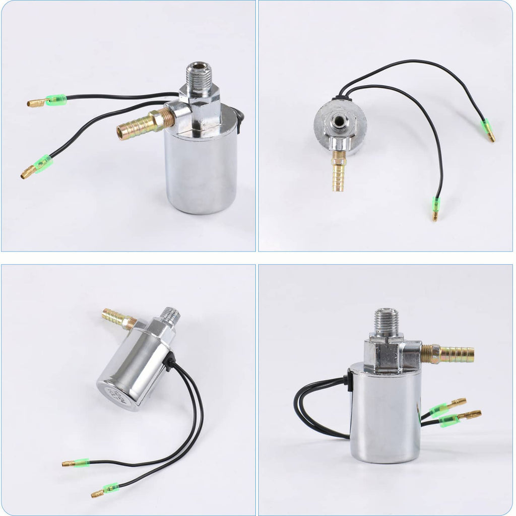 Metal air horn solenoid valve with brass fittings and black wire harness, side view