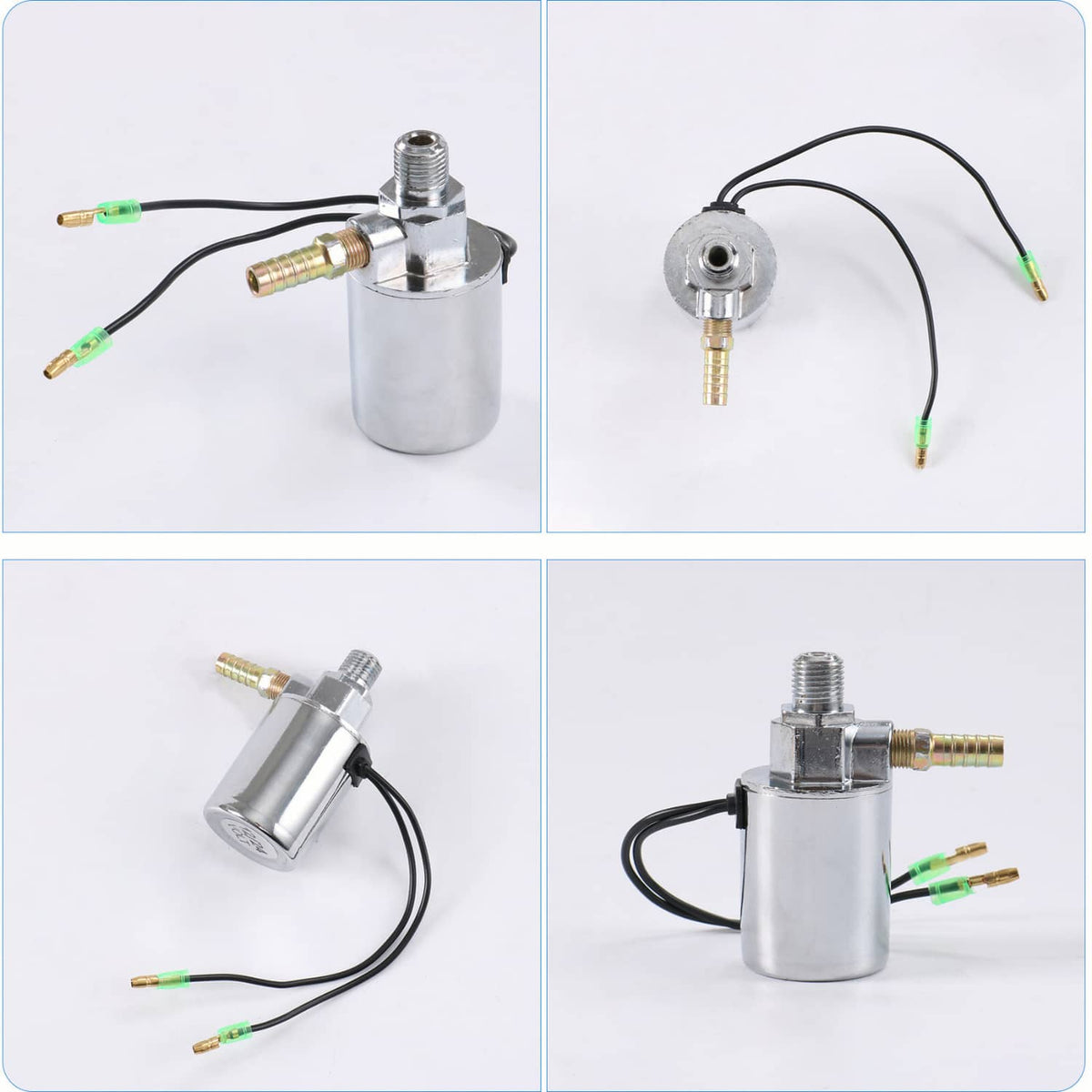 Metal air horn solenoid valve with brass fittings and black wire harness, side view