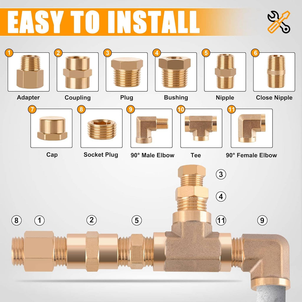 Brass pipe fittings assortment with threaded adapters, couplings, plugs, and nipples