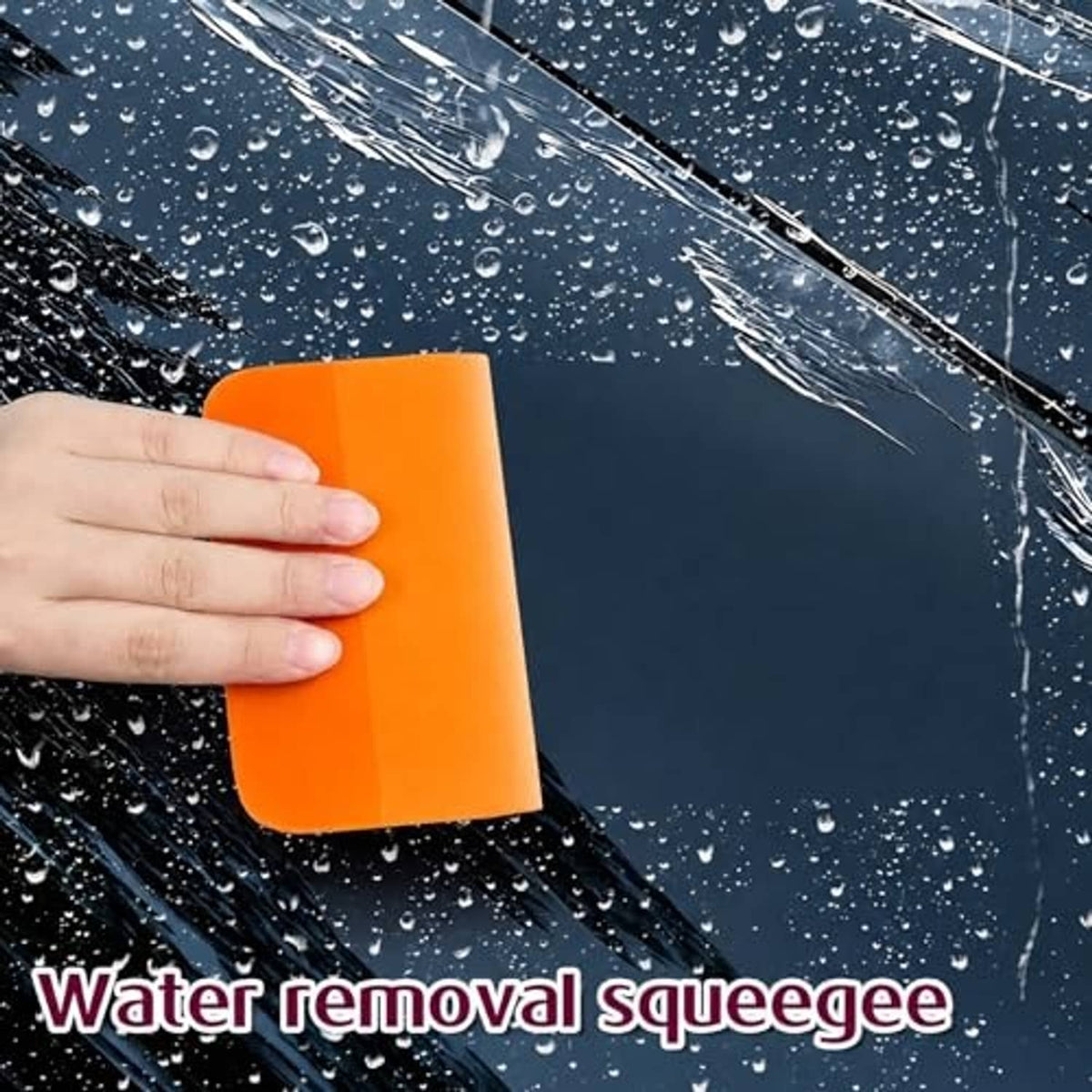 Orange squeegee for removing water from a wet windshield