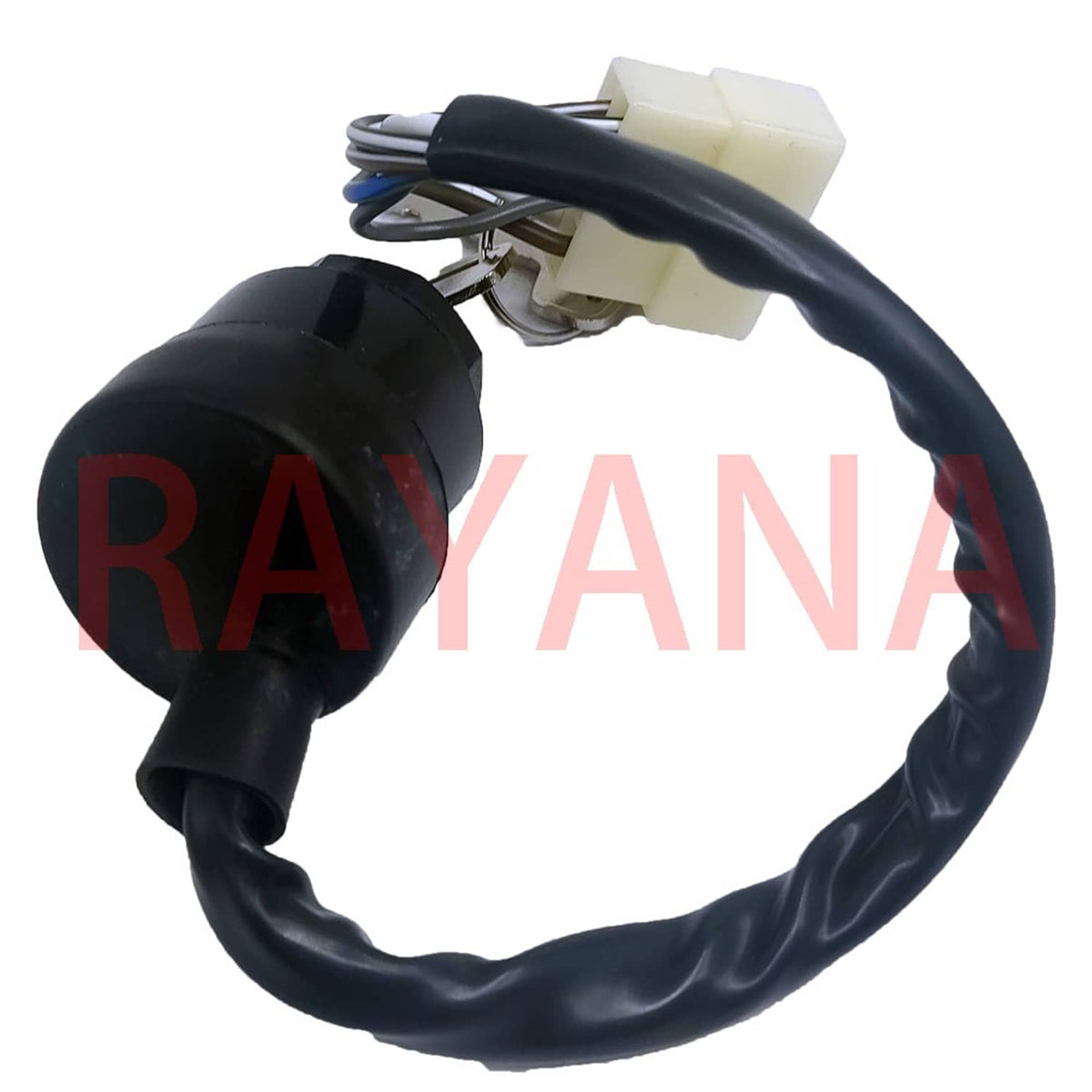 Ignition key switch with black cylindrical housing, white connector, and key on short wire