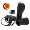 Black half-twist electric bike throttle with textured rubber grips and orange plug.