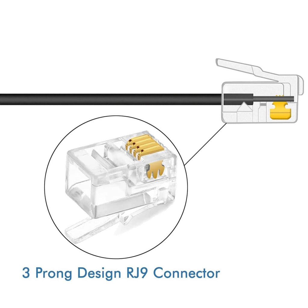 RJ9 telephone handset cable connector with 3-prong design