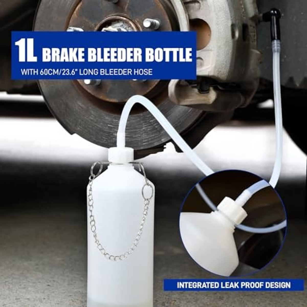 Brake bleeder bottle with long tube hose, funnel cap, gauge and chain handle