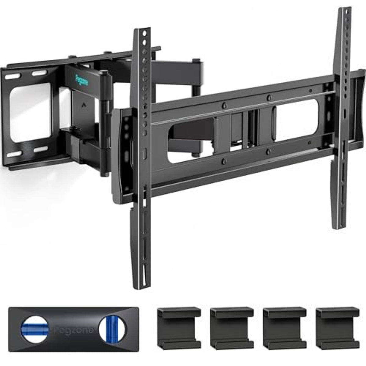 Full-motion TV wall mount showing long mounting rail and tilting bracket, dark gray.
