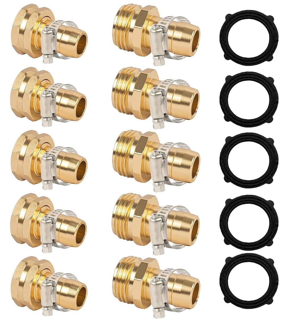 Gold garden hose repair connector set with metal clamps and four black rubber seals