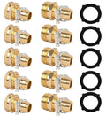 Gold garden hose repair connector set with metal clamps and four black rubber seals