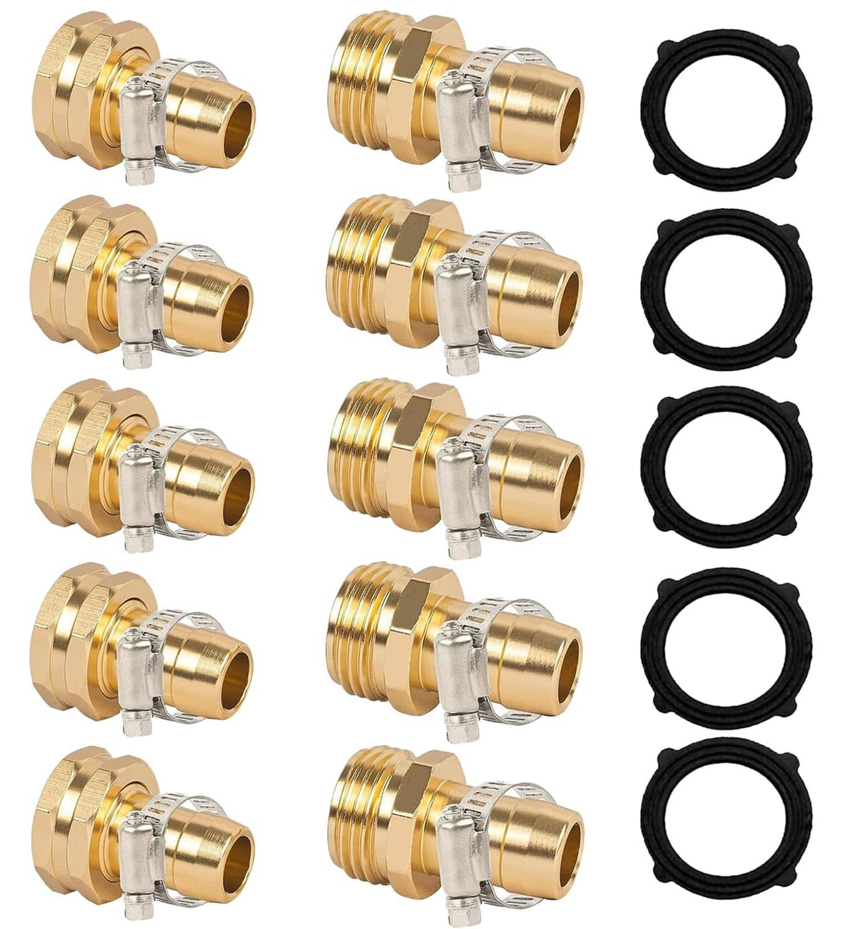 Gold garden hose repair connector set with metal clamps and four black rubber seals