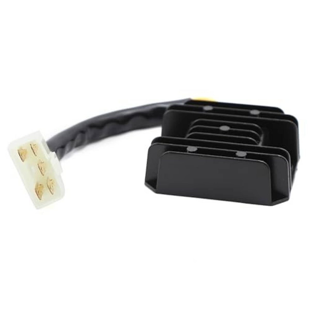 Black finned voltage regulator rectifier with white 5-pin plug and attached wire harness