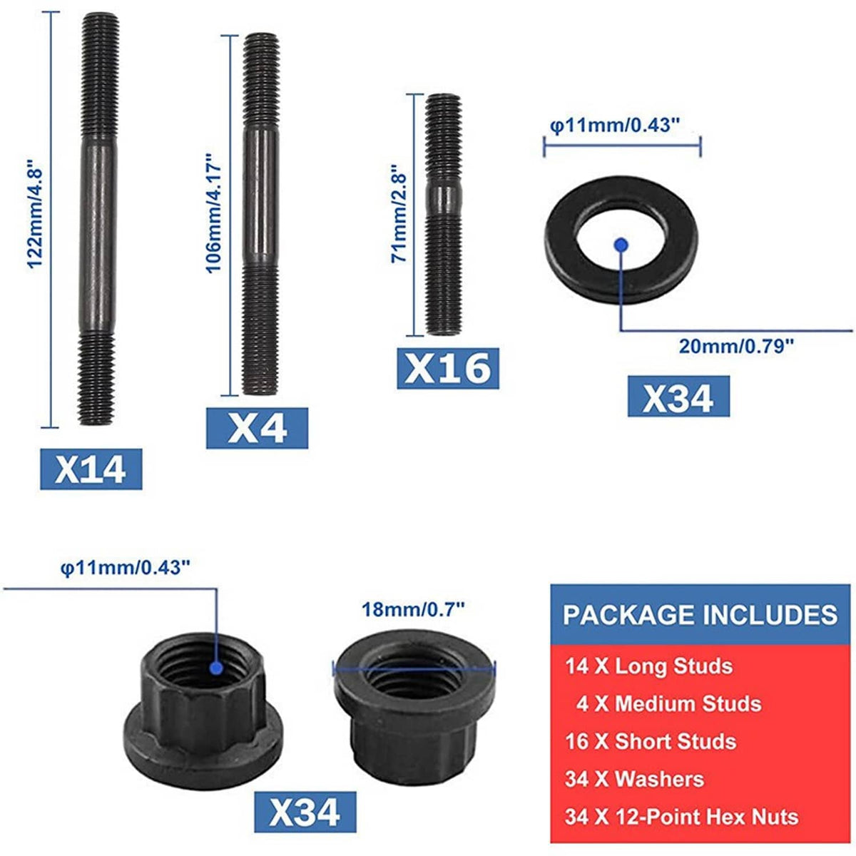 Cylinder head stud kit size guide showing stud and washer dimensions