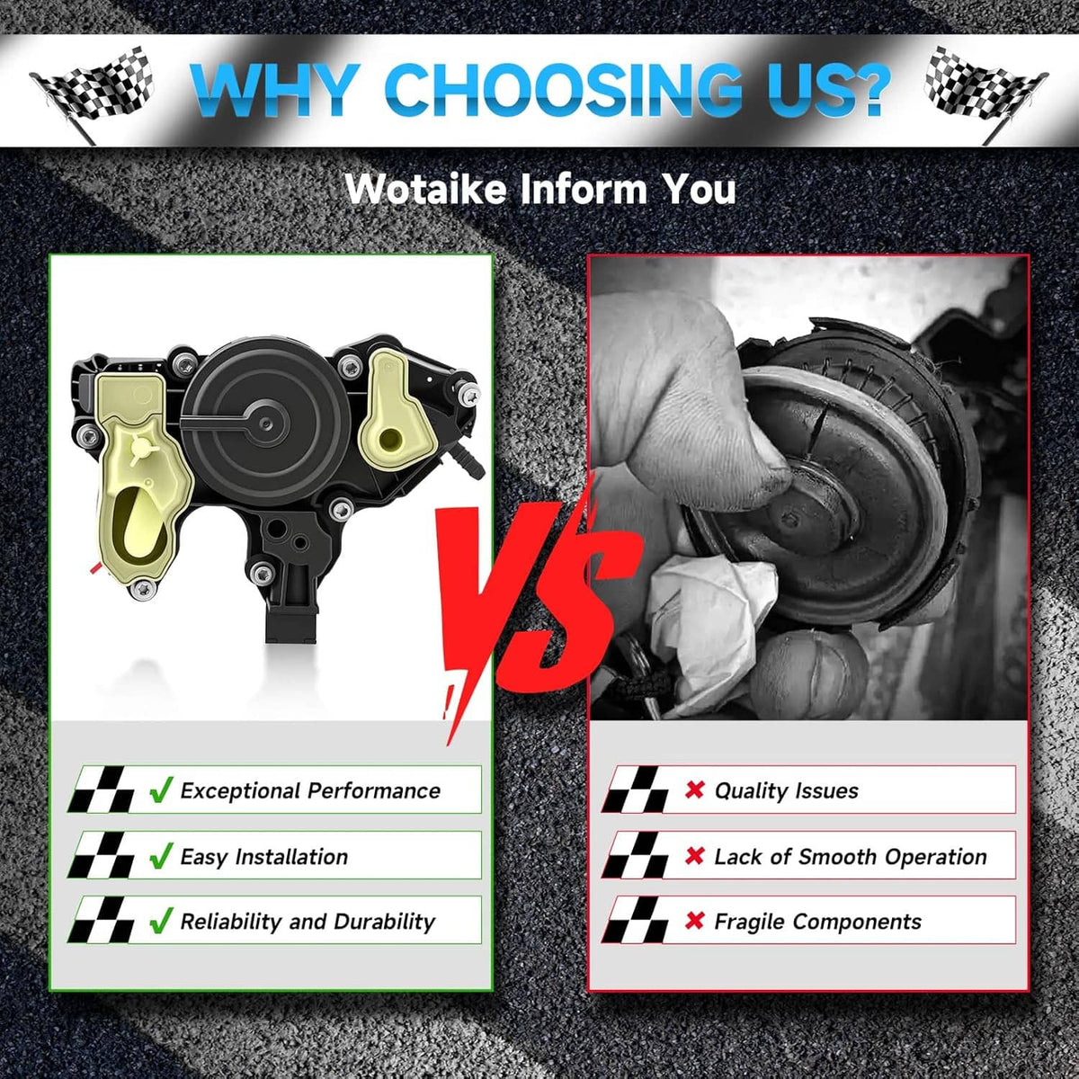PCV oil separator valve choosing guide infographic with valve photo and quality comparison panels