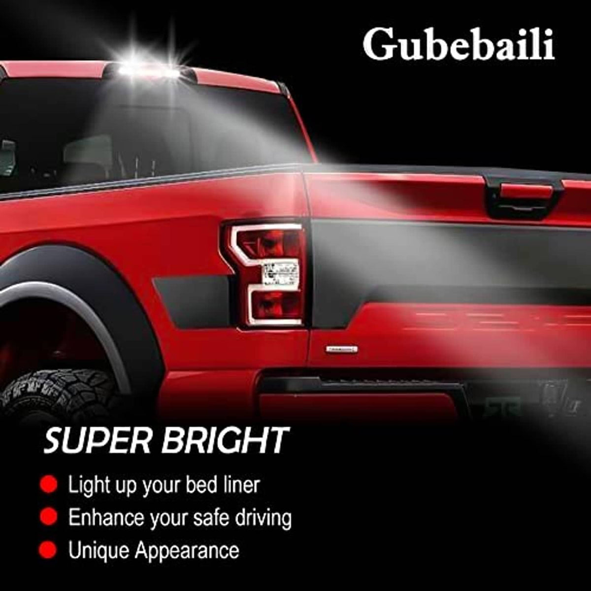 LED high mount third brake light installed on rear bed area, red strip glowing