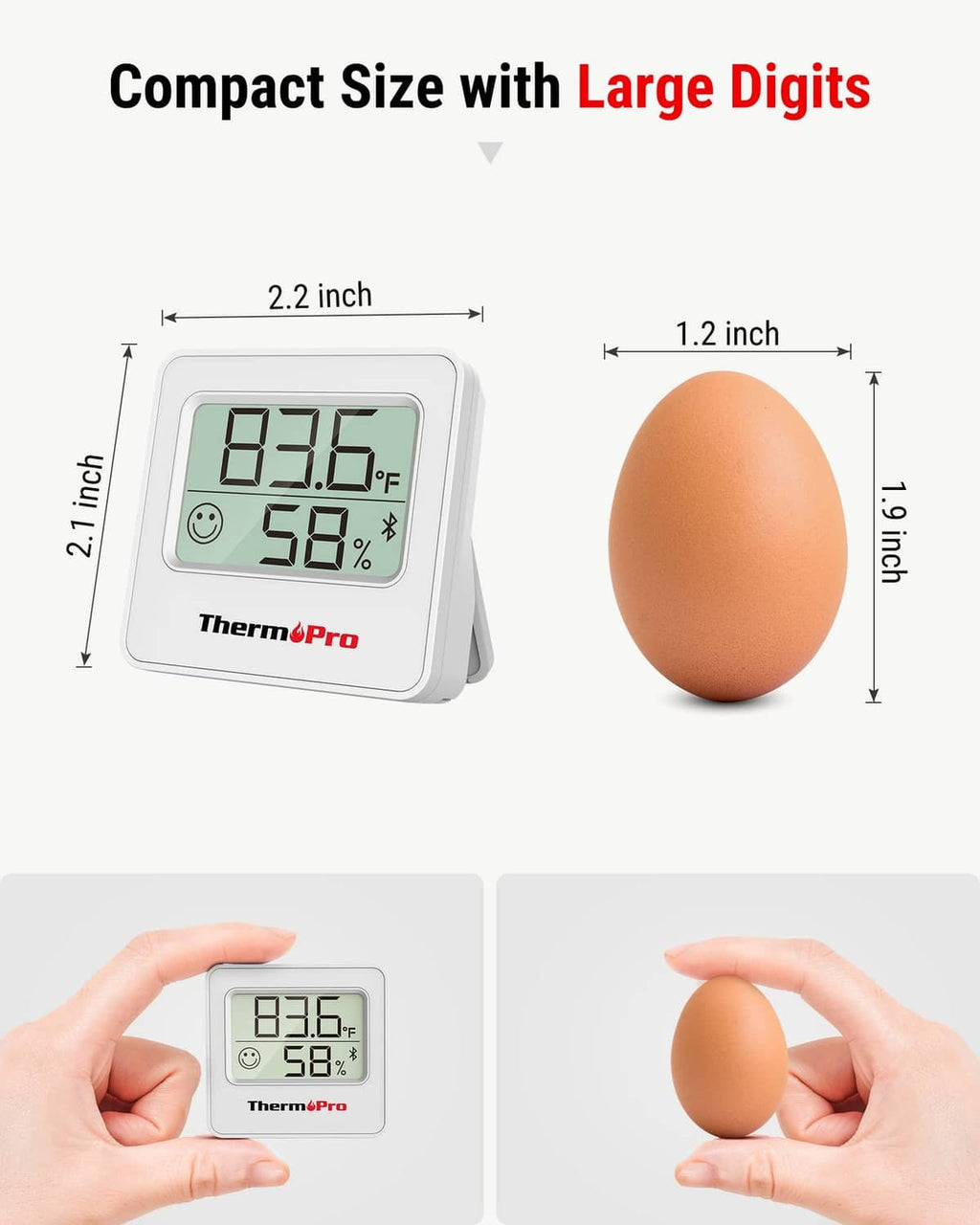 Compact silver ThermoPro digital hygrometer with large digits and size dimensions