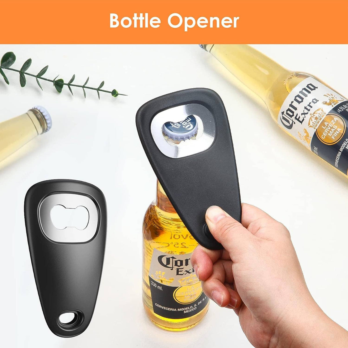 Black bottle opener with curved hook; opening a glass bottle