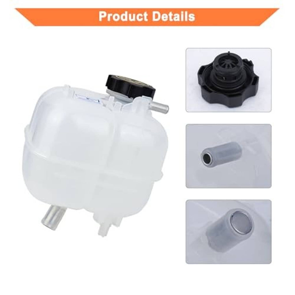 Coolant reservoir tank with black cap and gray outlet tube, molded white plastic