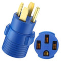Blue 4-prong adapter plug with gold prongs and round connector, close-up