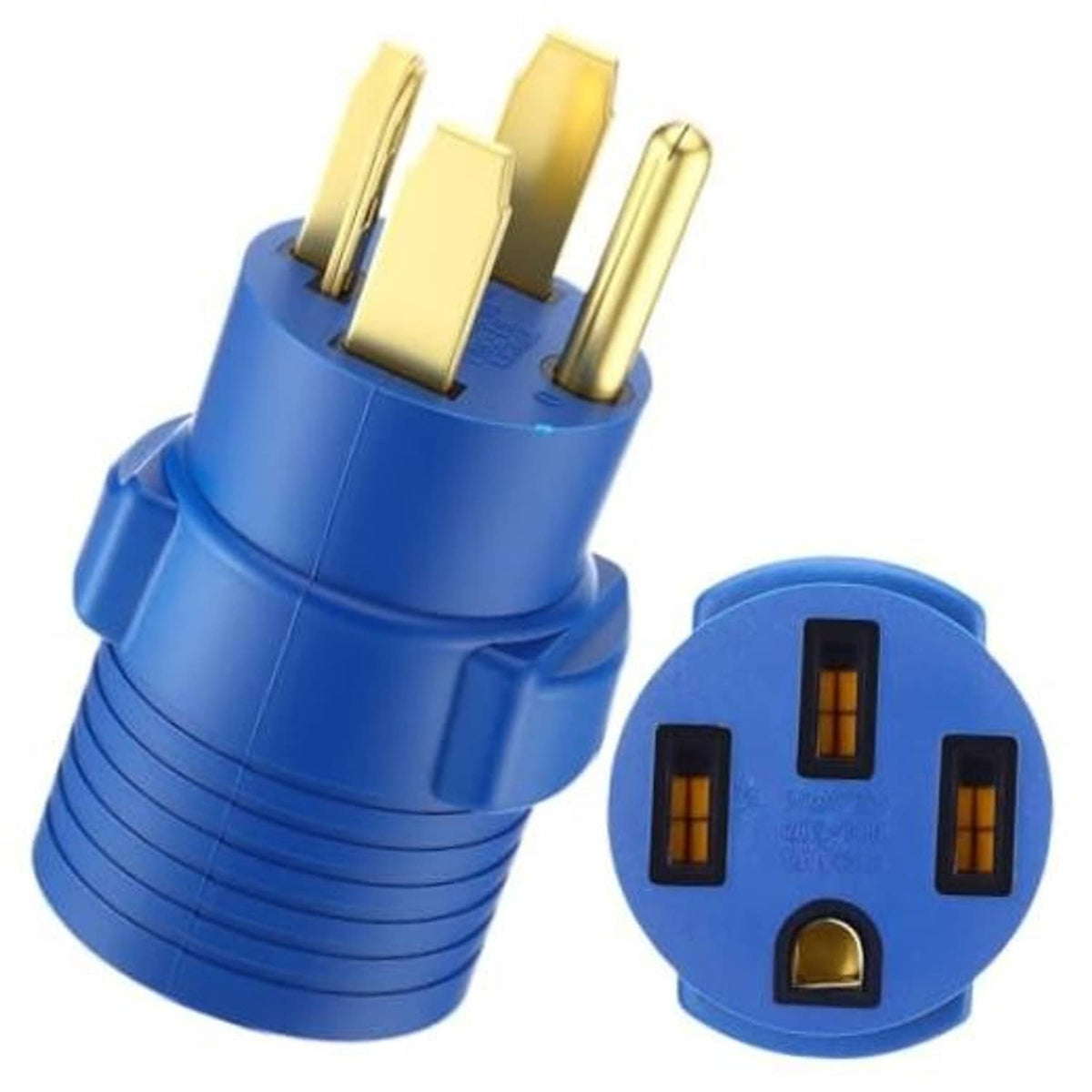Blue 4-prong adapter plug with gold prongs and round connector, close-up