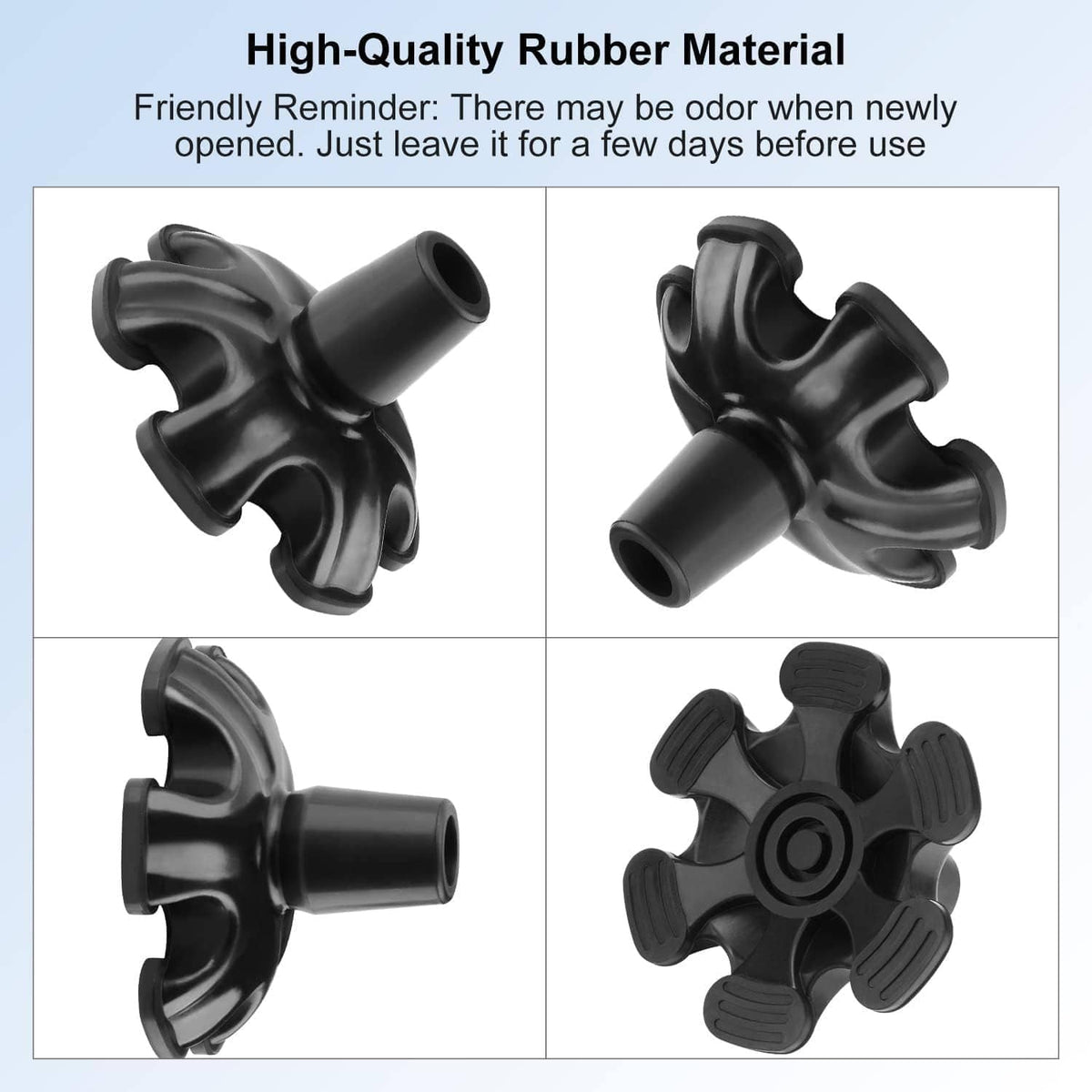 Black rubber cane tip replacement shown from multiple angles with textured prongs