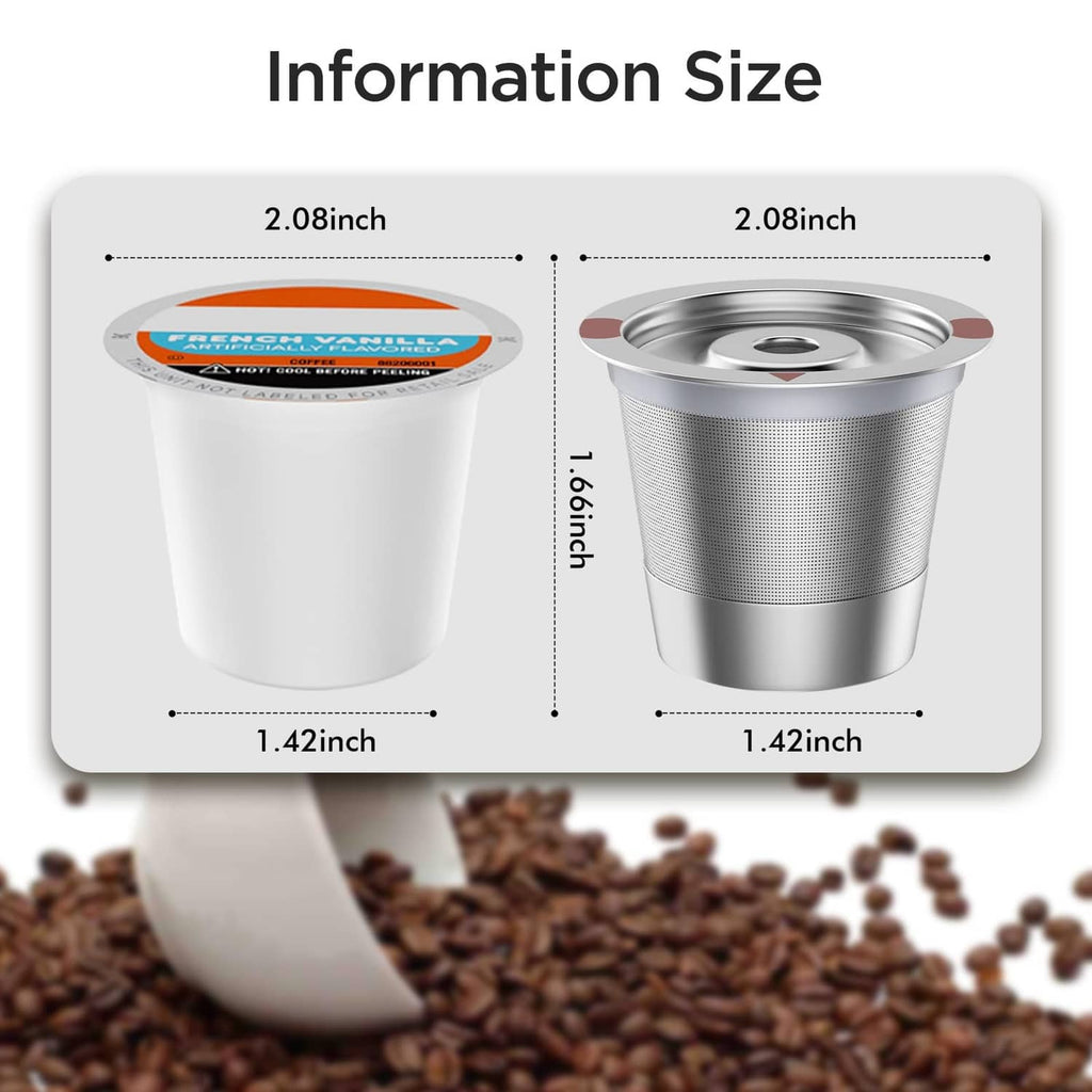 Pair of stainless steel reusable K-cup filter cups shown from side and top