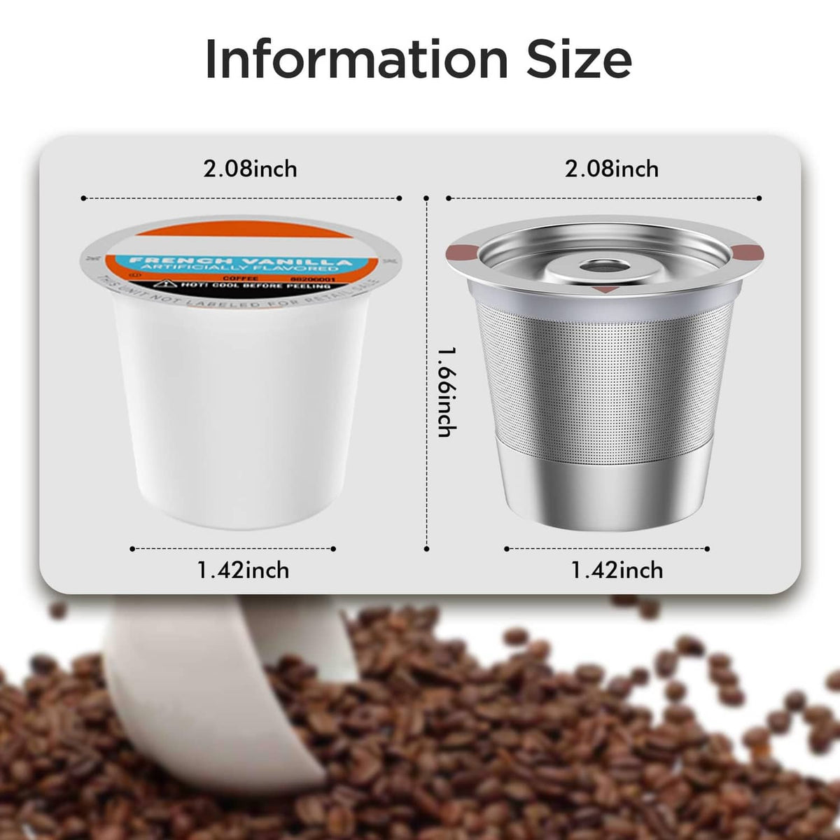 Pair of stainless steel reusable K-cup filter cups shown from side and top